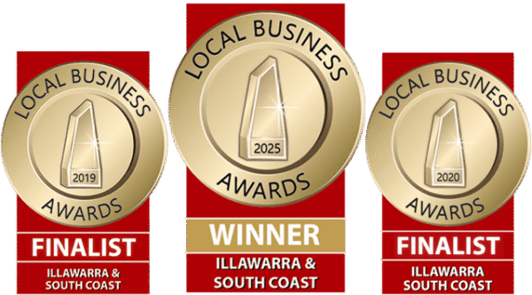 Illawarra and South Coast Local Business Awards winner 2025 and finalist 2019 and 2020 badges
